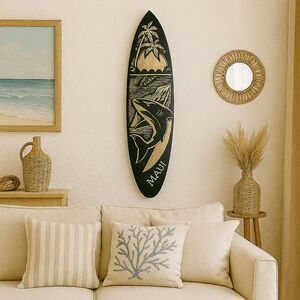 Hawaiian Hand Carved 23" Wood Surfboard MAUI Shark Sunset Palm Trees Turtles